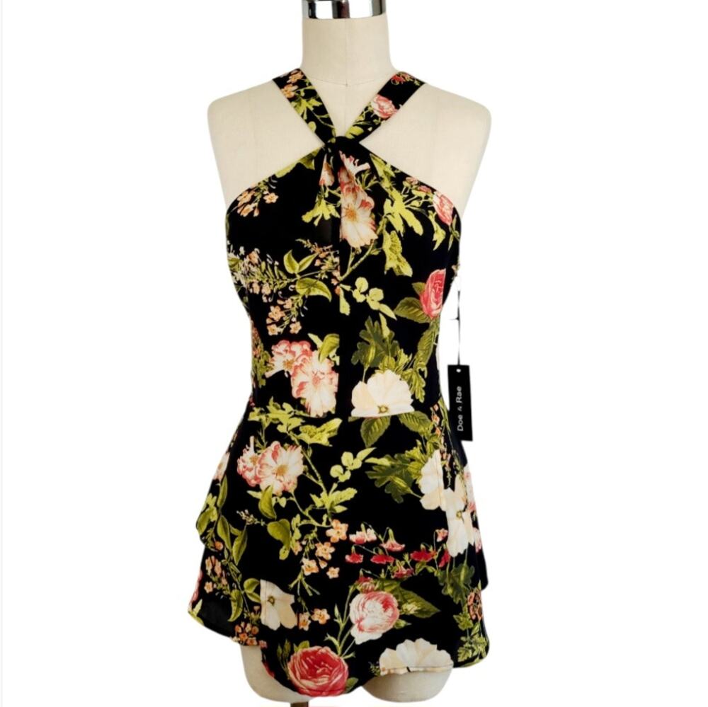 NWT Doe & Rae Floral Tiered Halter Mini Dress M Black Multi Boho Resort Wear